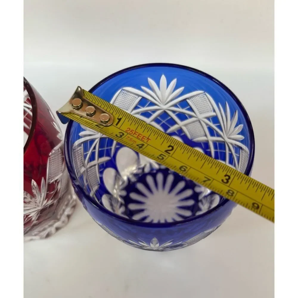 Pair of Edo Kiriko Glass Tumbler Cut to Clear in Ruby and Cobalt / Japan